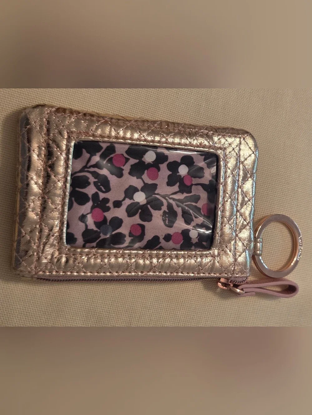 Vera Bradley Metallic Gold Quilted ID Card Holder with Floral Window